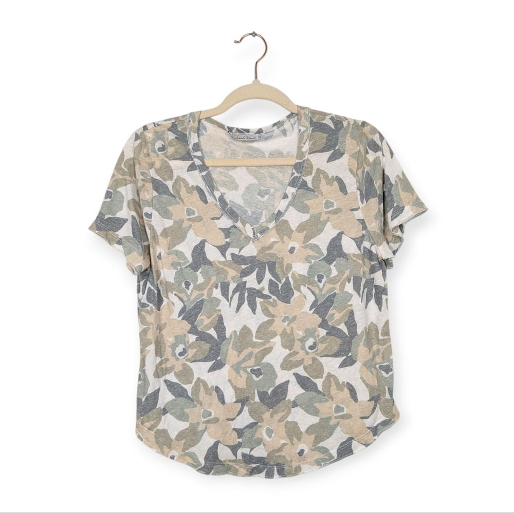 Michael Stars Green Floral Casual V-Neck Short Sleeve Tee Size OS